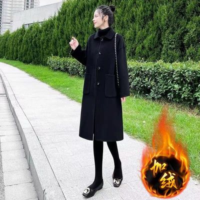 赫本风黑色大衣女中长款宽松2025新款秋冬小个子毛呢加绒外套加厚