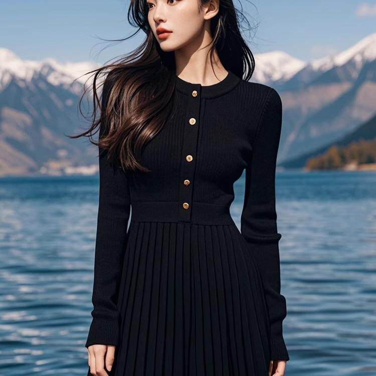 黑色针织连衣裙秋冬装女新款收腰显瘦法式设计感单排扣百褶短裙子