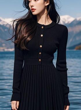 黑色针织连衣裙秋冬装女新款收腰显瘦法式设计感单排扣百褶短裙子