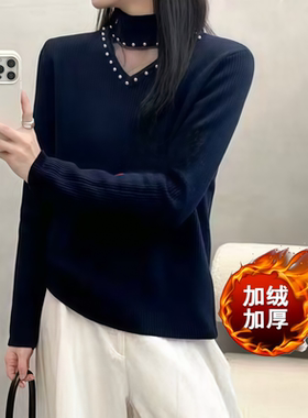 设计感镂空半高领加绒针织内搭打底衫女秋冬洋气减龄长袖内搭毛衣