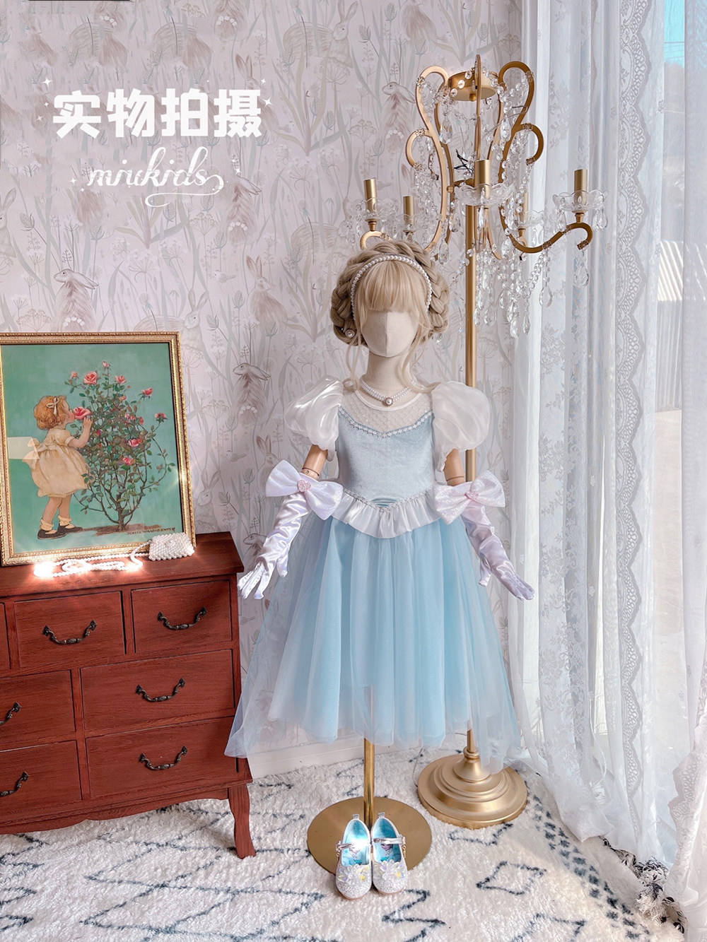 miu妈童品春夏款辛德瑞拉灰姑娘女童公主裙亮片丝绒礼服泡泡袖连