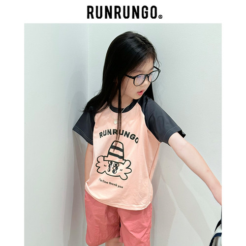 runrungo儿童宣纸T恤速干插肩袖短袖儿童美式运动夏季休闲短袖