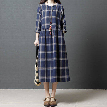 秋款新品2018韩版宽松大码女装时尚棉麻圆领格子收腰显瘦连衣裙女|msdalam kategori Butik wanita / wanita, wanita saiz besar - dari Buy2taobao.com untuk memberikan perkhidmatan ejen Taobao profesional membeli