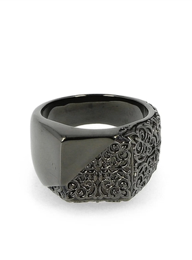 TOP-YAMAMOTO@复古风雕花戒指男士黑色金属宽版指环个性