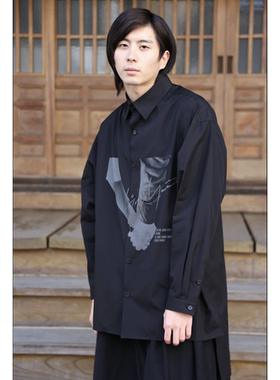 yoji ooak暗黑风牵手印花黑色纯棉衬衫男宽松长袖休闲