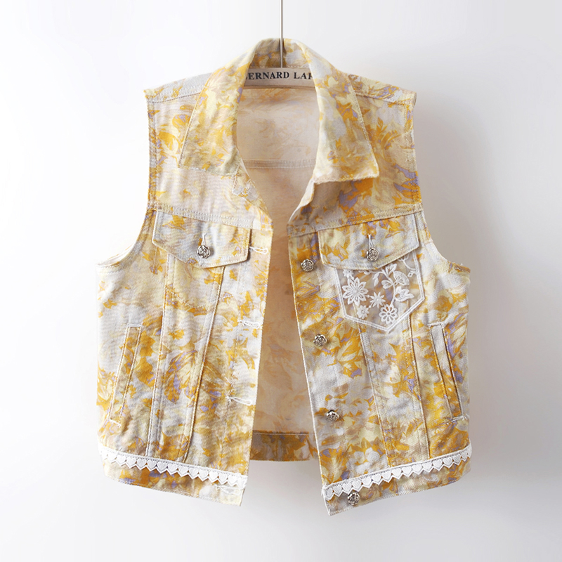 韩版时尚花边印花牛仔马甲女