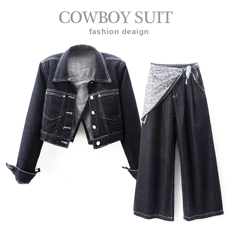 2025春装新款复古港风工装牛仔套装女小个子短外套拖地阔腿裤深蓝