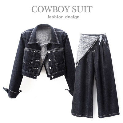 复古港风牛仔套装女深蓝色