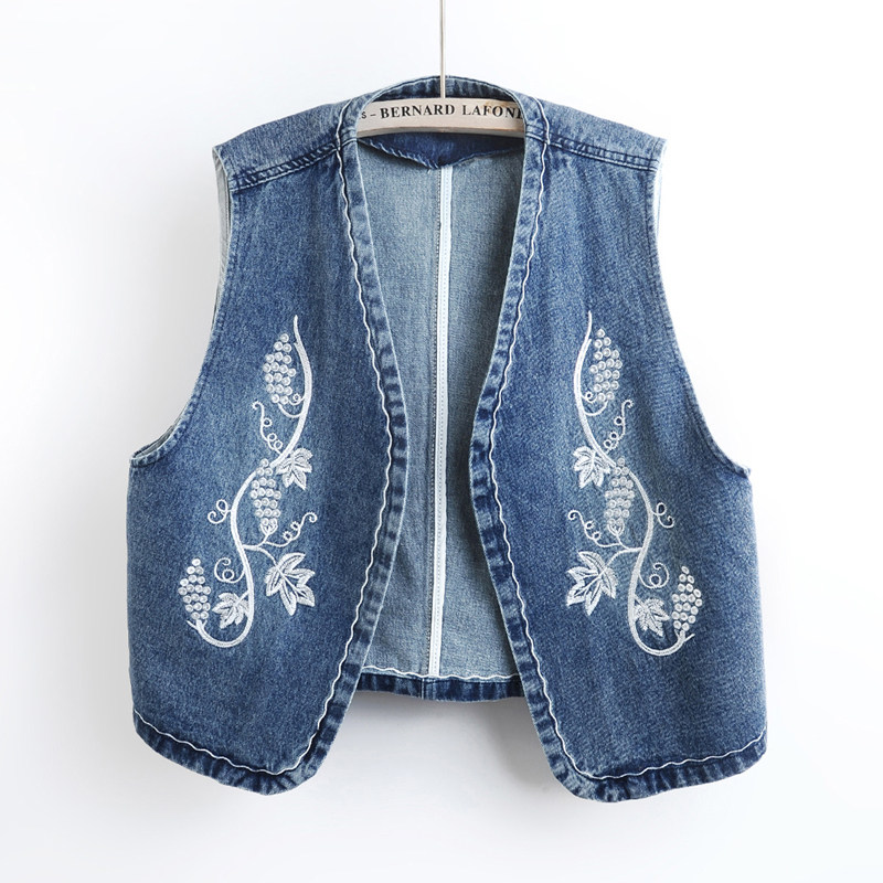 2026春夏新款复古刺绣无领牛仔马甲女士短款宽松无袖坎肩背心外穿