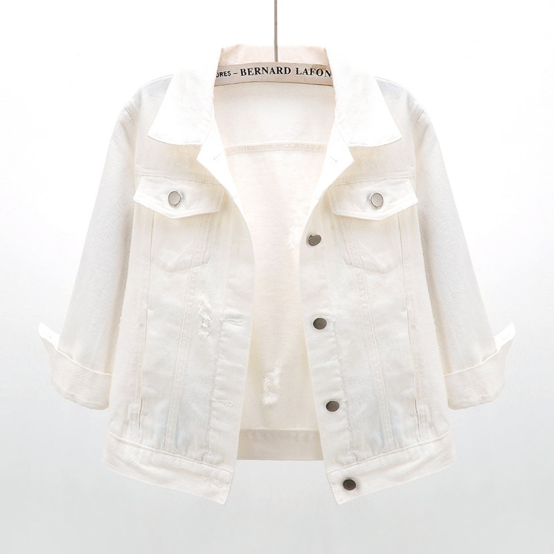 2022新款春夏百搭破洞七分袖牛仔外套女短款宽松韩版白色上衣夹克