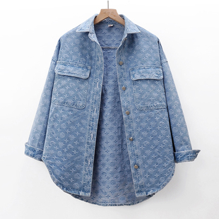 牛仔衬衫 高级感刺绣提花长袖 女宽松印花衬衣上衣外套 新款 2025春季