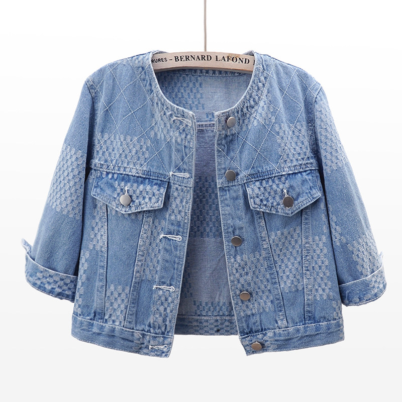 2025春夏新款时尚格子印花圆领牛仔外套女短款中袖小披肩上衣夹克
