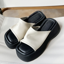 真皮一字厚底外穿拖鞋女高跟鞋2025夏新款欧美街头松糕鞋凉鞋懒人