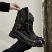 水洗牛皮真皮圆头骑士靴小众2024秋季 新款 皮带金属扣马丁靴短靴女