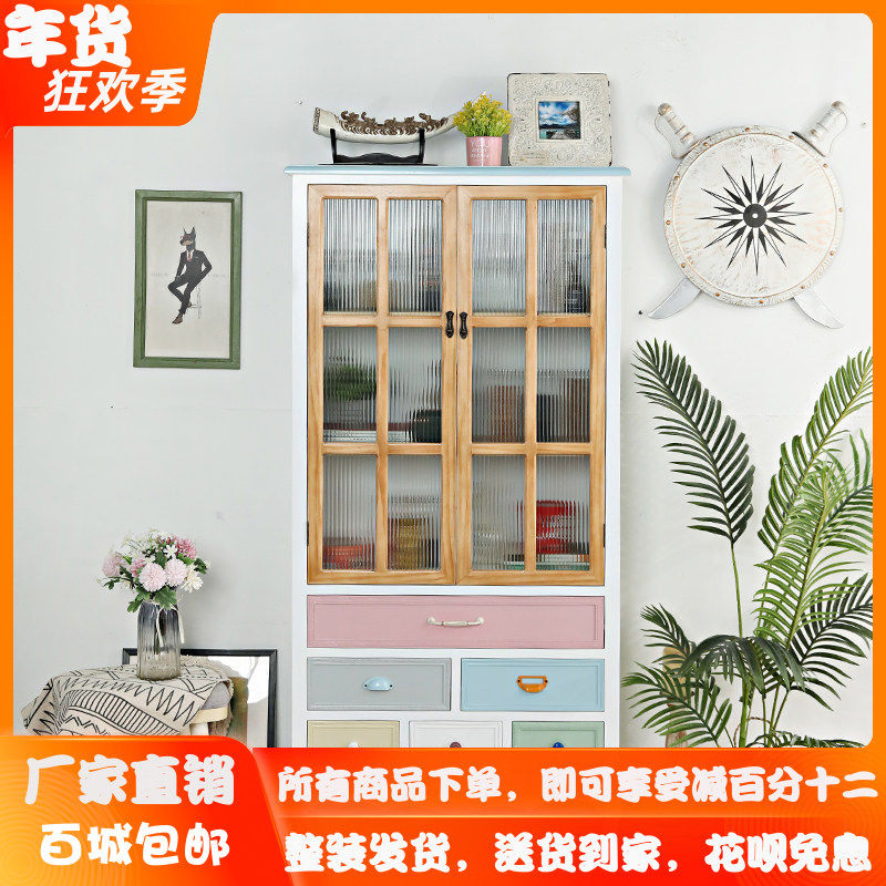 美式双门书柜家用书橱书架实木两门展示柜客厅带玻璃落地储物酒柜