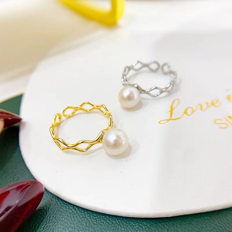 DIY珍珠配件 S925纯银简约镂空潮搭韩版开口戒指银饰半成品空托女