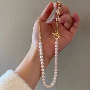 DIY配件 S925纯银半珠链OT扣颈链珍珠项链ins风高级感银饰链子女