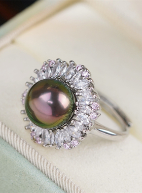 DIY珍珠配件 18K包金铜厚镀金分色锆石花朵戒指半成品 10-10.5mm