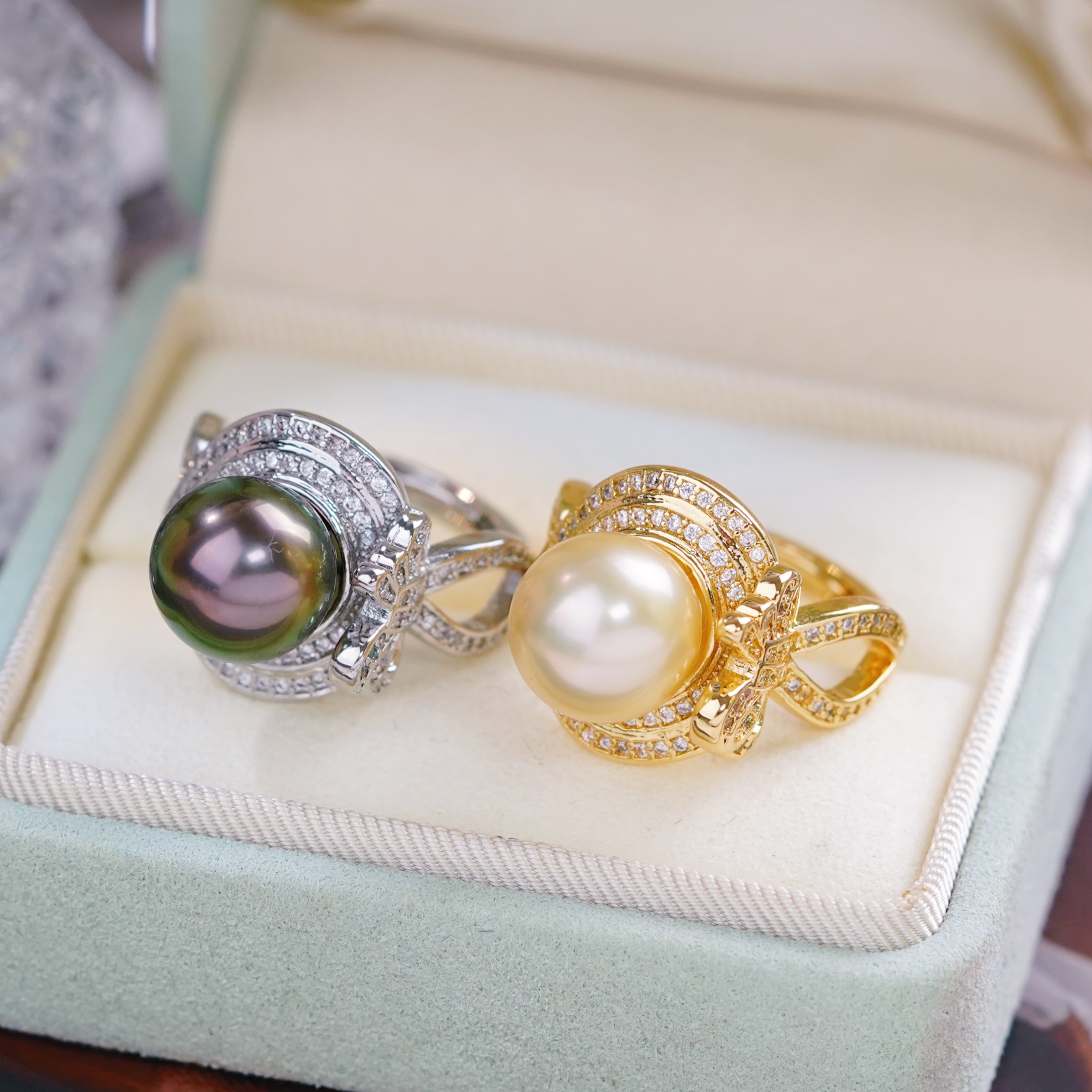 DIY珍珠配件 18K包金铜厚镀金网红爆款蝴蝶结复古轻奢戒指半成品