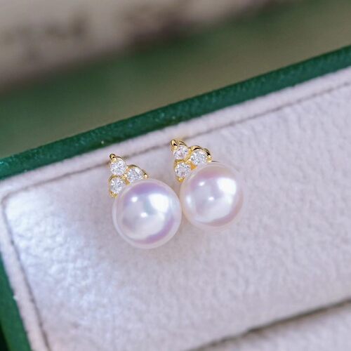 DIY珍珠配件 18K包金铜厚镀金M家同款耳钉半成品 金色银色6-7.5mm