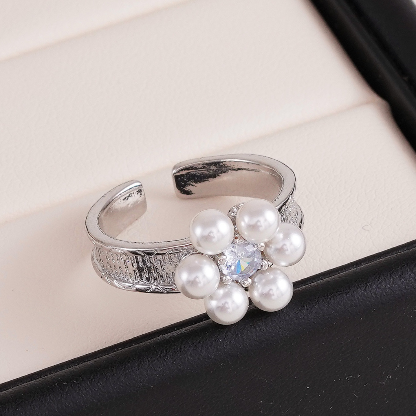 DIY配件 铜镀金6珠小花朵款甜美复古戒指手工戒托半成品 金色银色