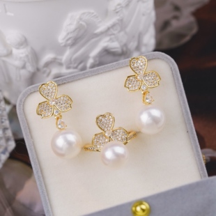 DIY珍珠配件 18K包金铜厚镀金幸运草耳钉戒指套装半成品 金色银色