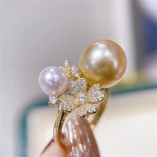 DIY配件 S925纯银蝶恋花款唯美时尚双珠戒指指环可调节半成品空托