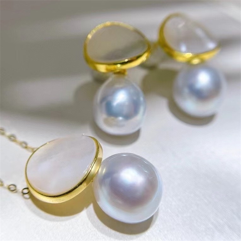 DIY珍珠配件 S925纯银天然贝壳复古温柔吊坠耳钉套装半成品银饰女