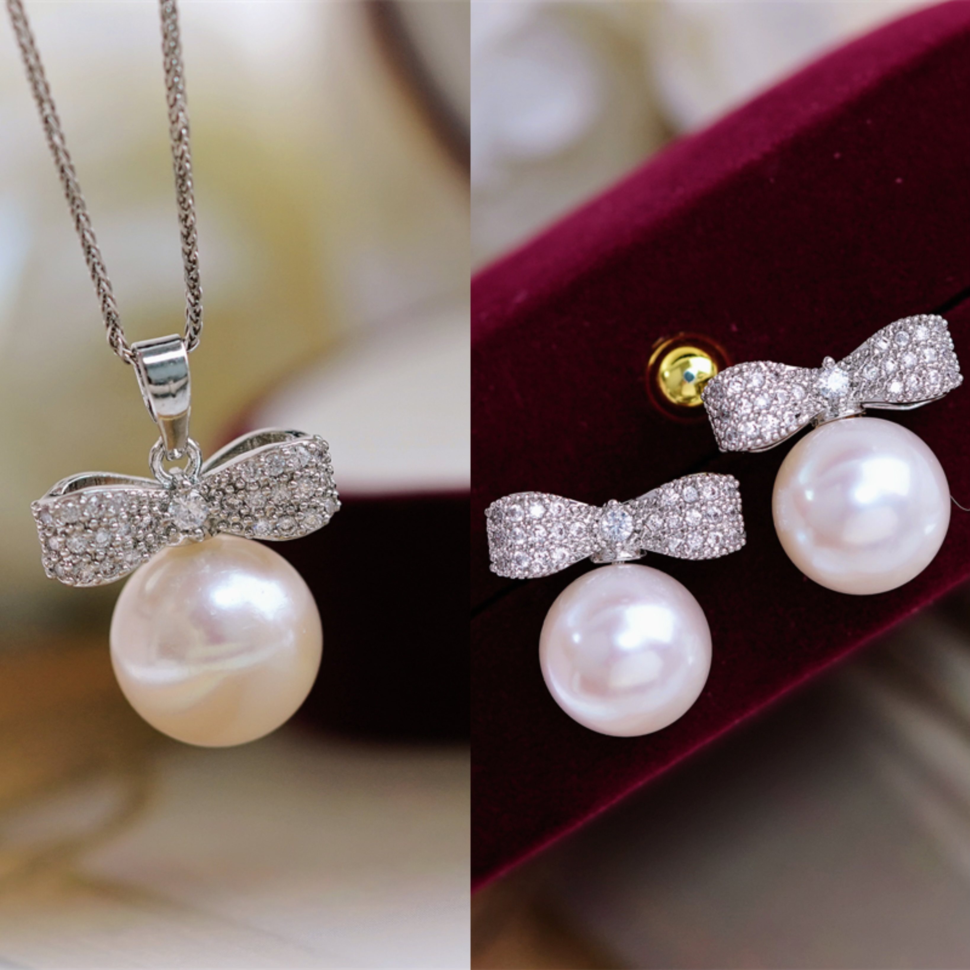 蝴蝶结吊坠耳钉套装铜金色银色