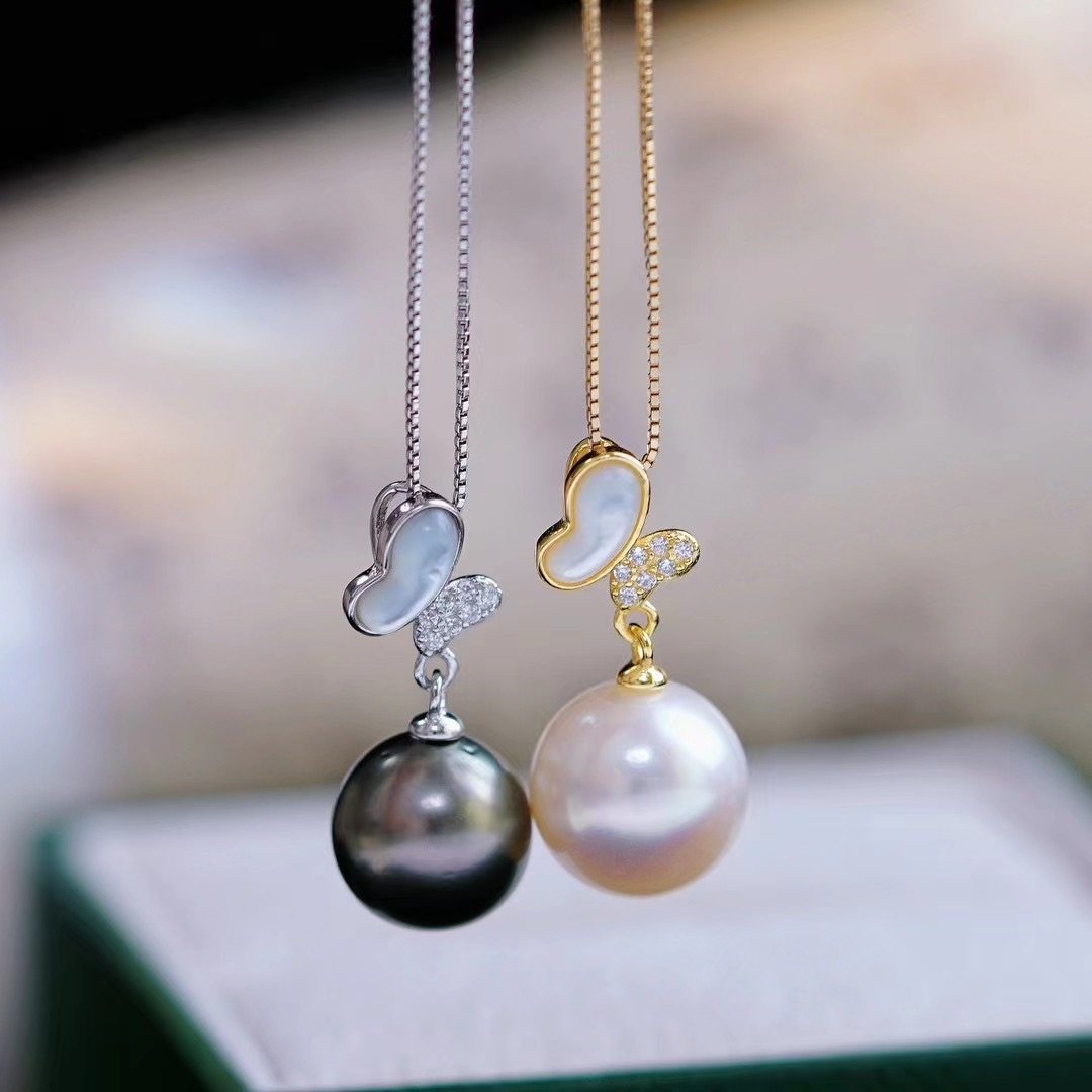 DIY珍珠配件 18K包金铜厚镀金精致贝壳蝴蝶吊坠半成品 金色银色