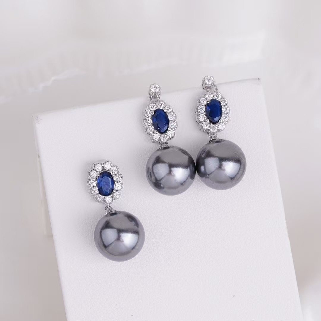 DIY珍珠配件 S925纯银宝石蓝元素复古气质吊坠耳钉套装半成品