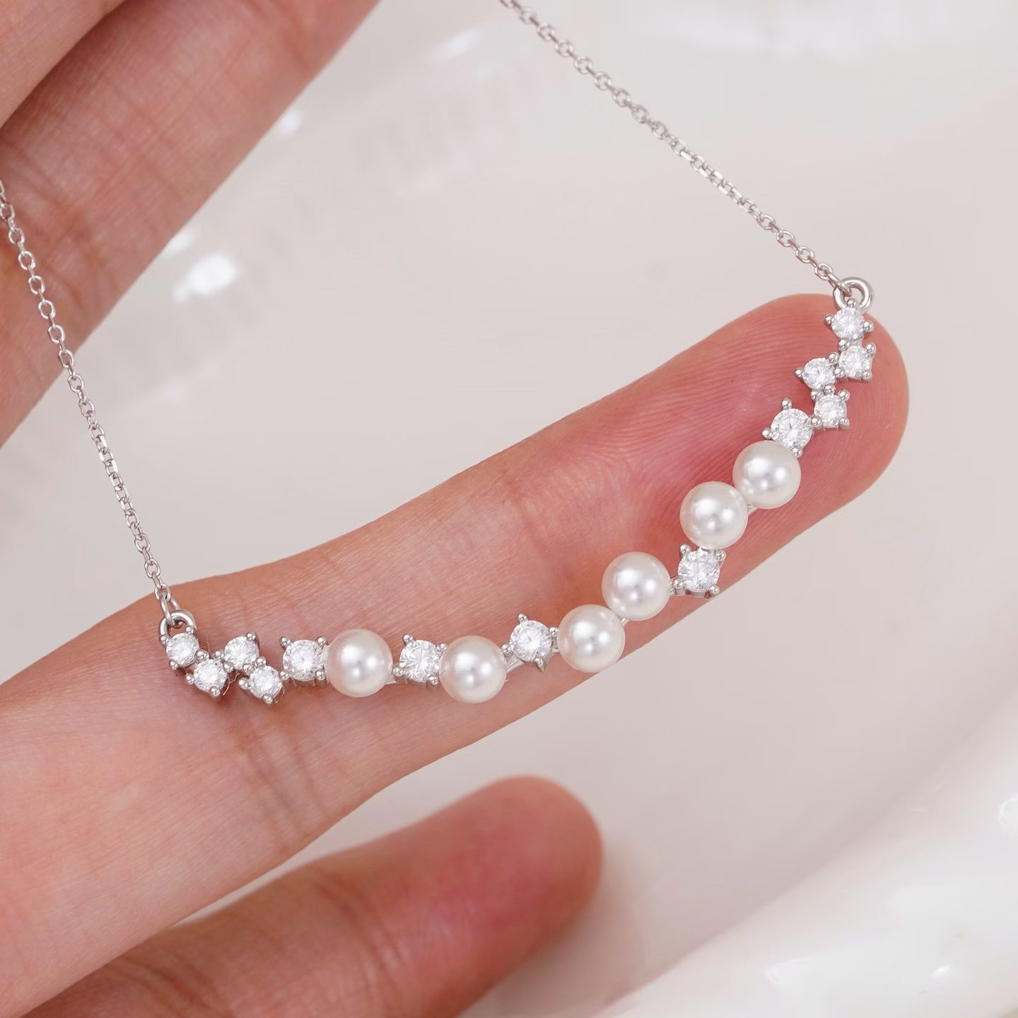 DIY珍珠配件 S925纯银微笑满天星项链锁骨链半成品 金色银色图片