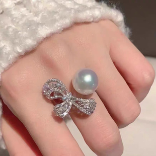 DIY珍珠配件 18K包金铜厚镀金爆款丝带蝴蝶结开口戒指半成品 银色