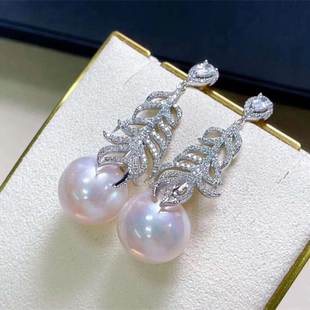 DIY珍珠配件 飘逸流苏耳钉银色半成品 18K包金铜厚镀金M家羽毛款