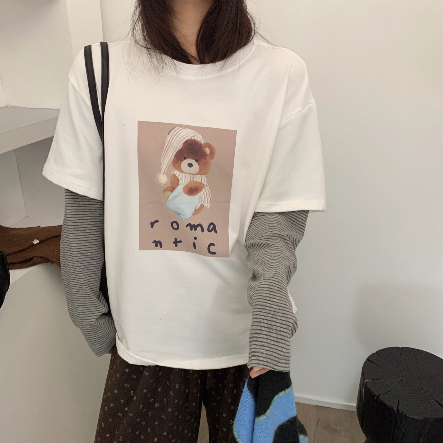 韩国卡通磨毛假两件t恤女加厚潮
