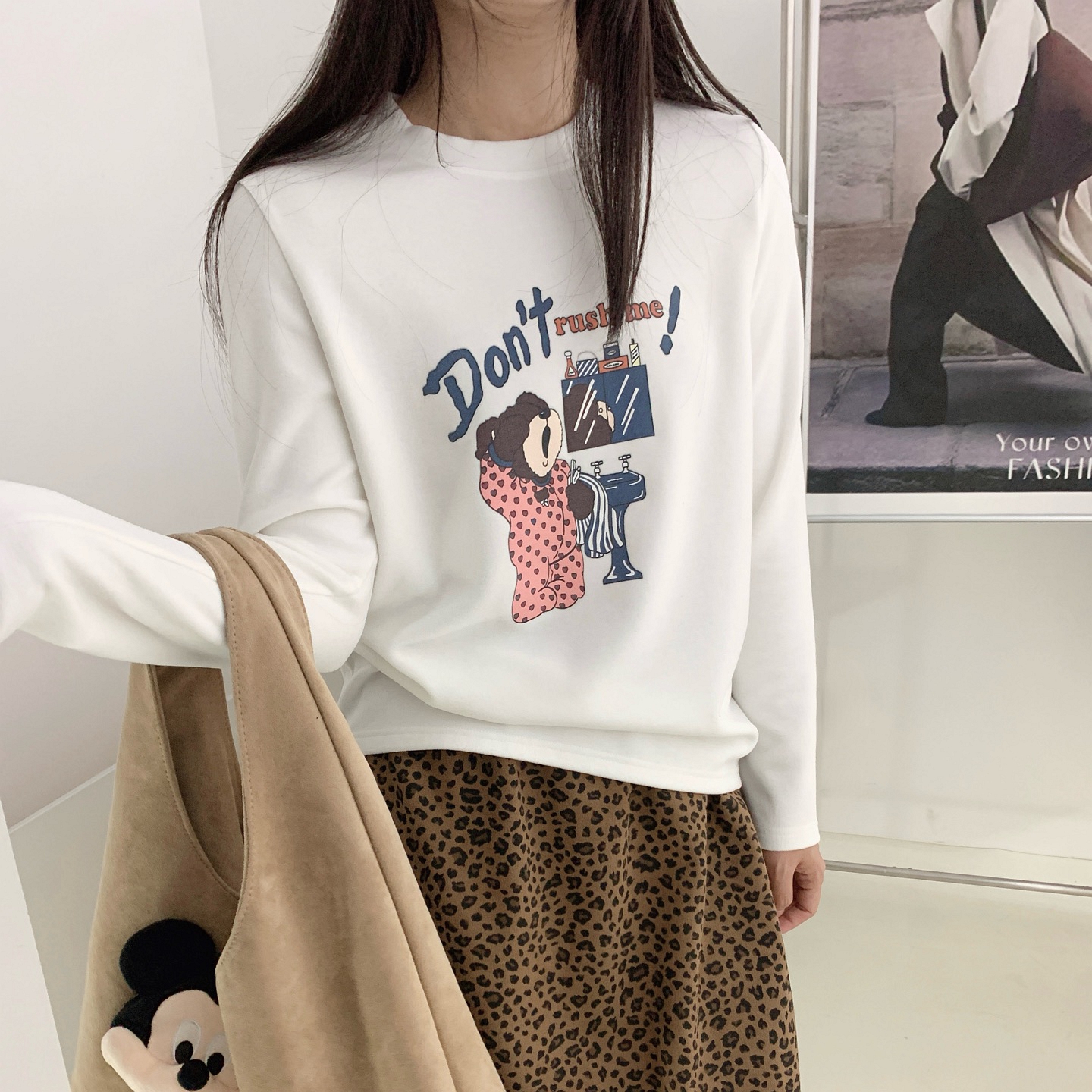 韩式卡通印花长袖T恤女加绒加厚