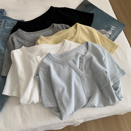 夏季韩版雪花棉V领显瘦短袖T恤女