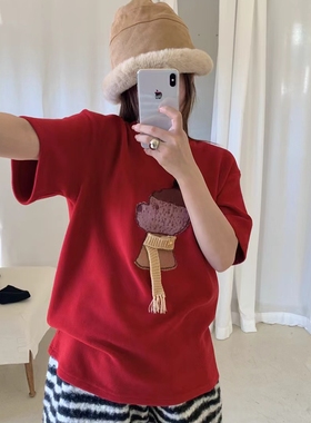 早春韩版加厚白色短袖T恤女宽松立体围巾狗狗刺绣纯棉百搭红上衣