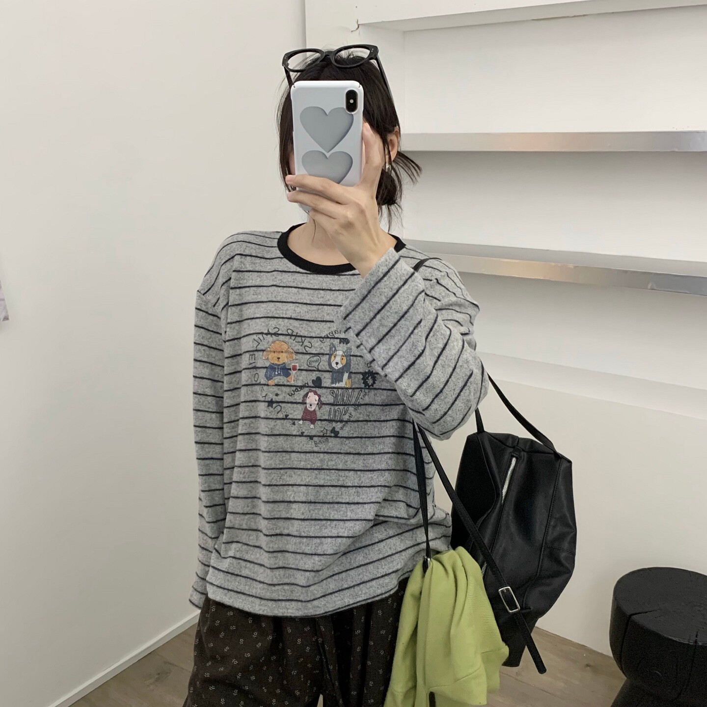 韩版卡通印花条纹长袖T恤女加厚