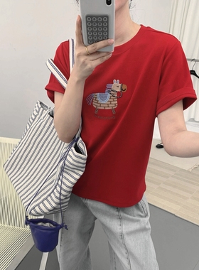 韩系钉珠卡通小马刺绣加厚短袖T恤女宽松百搭纯棉新年红色上衣潮