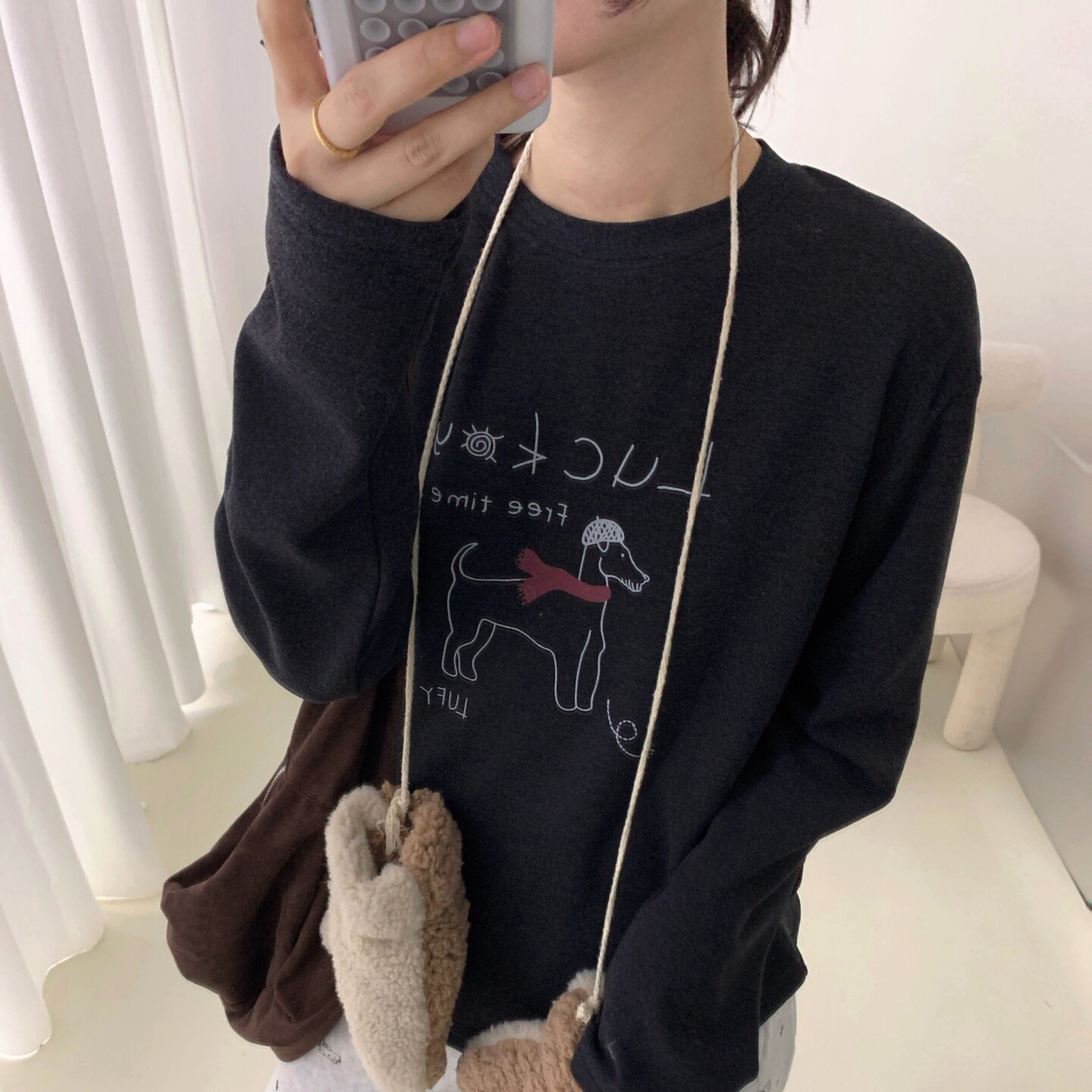 卡通印花磨毛长袖T恤女士中长款