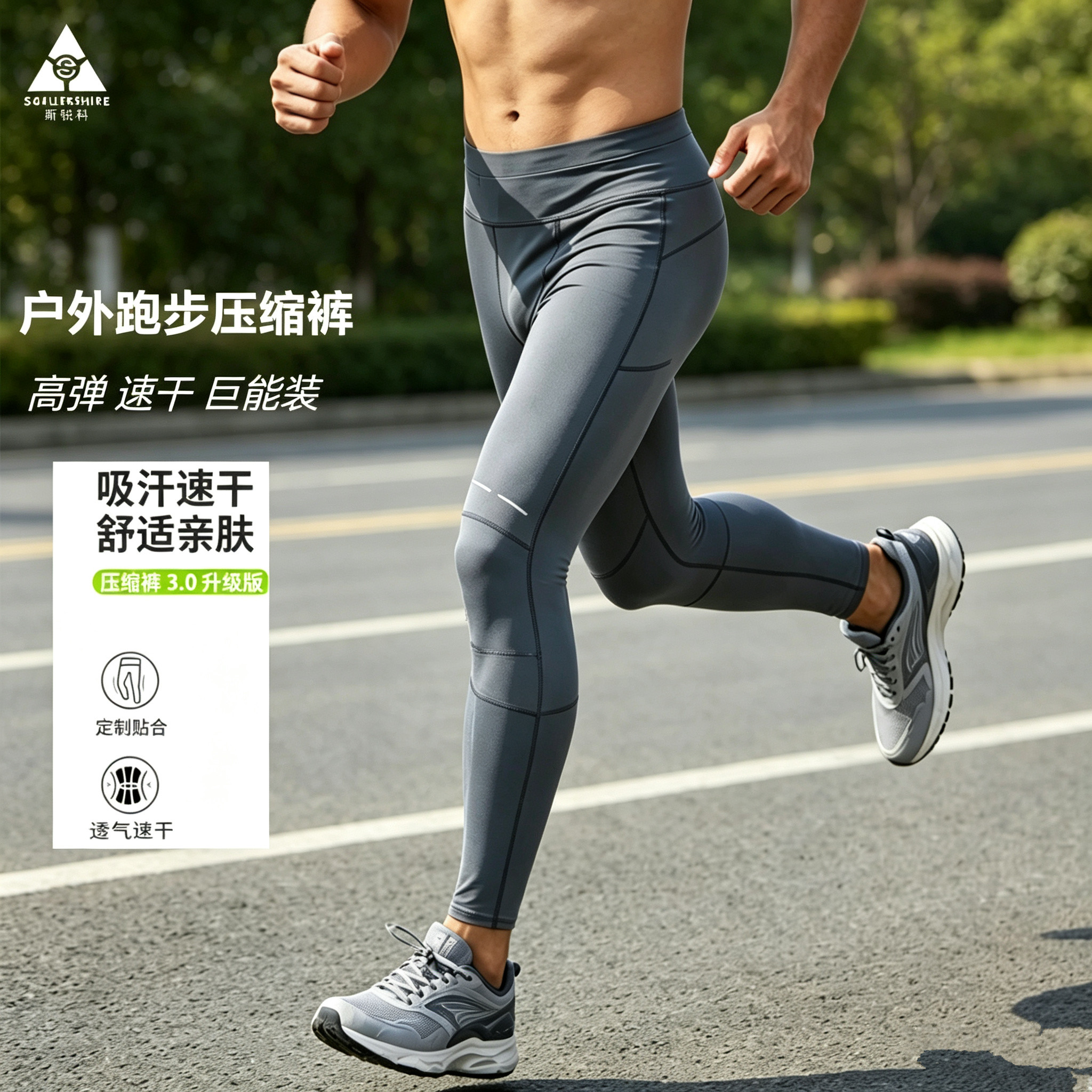 秋冬季男士腰包款跑步压缩裤高弹紧身速干运动长裤反光条健身训练