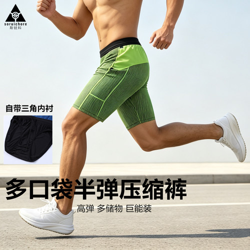 夏季男士跑步运动紧身裤弹力口袋骑行半弹压缩裤马拉松田径四分裤