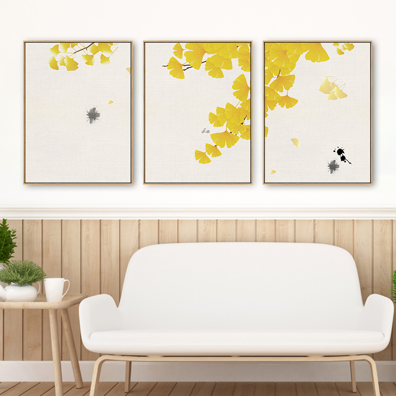 秋季黄色杏叶现代简约三联客厅油画