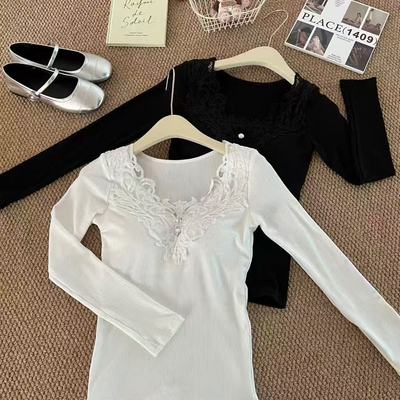 秋冬季蕾丝磨毛V领长袖T恤打底衫