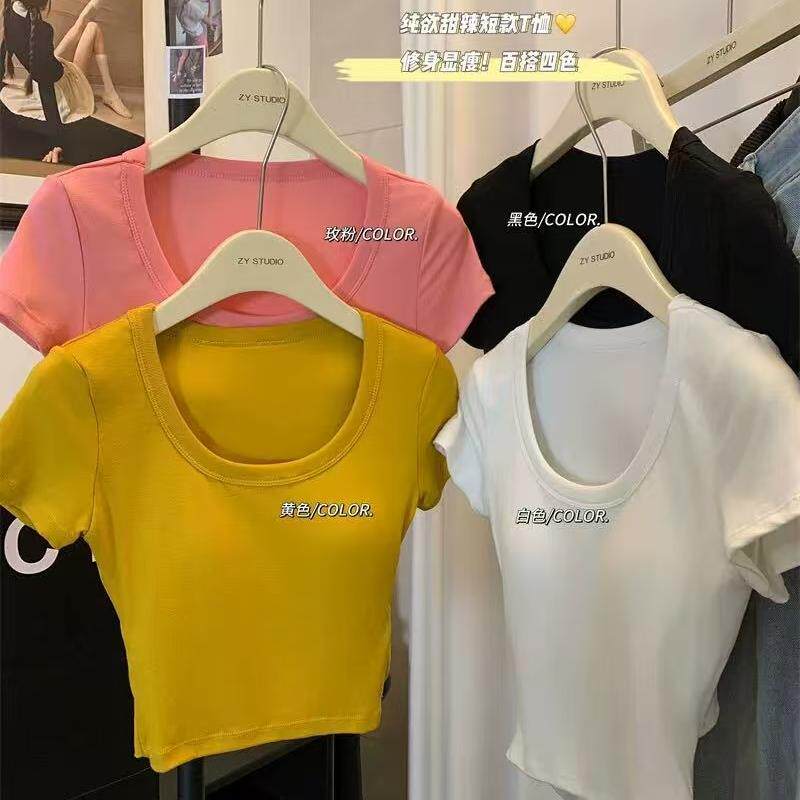 纯欲风性感短袖t恤女带胸垫修身显瘦内搭打底衫辣妹短款抹胸上衣