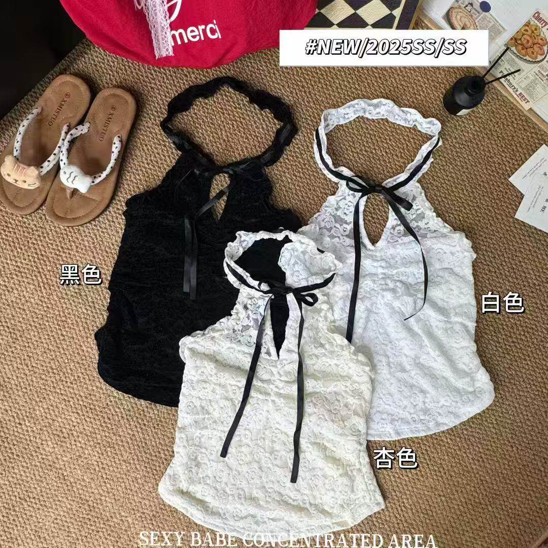 纯欲性感蝴蝶结系带蕾丝挂脖背心