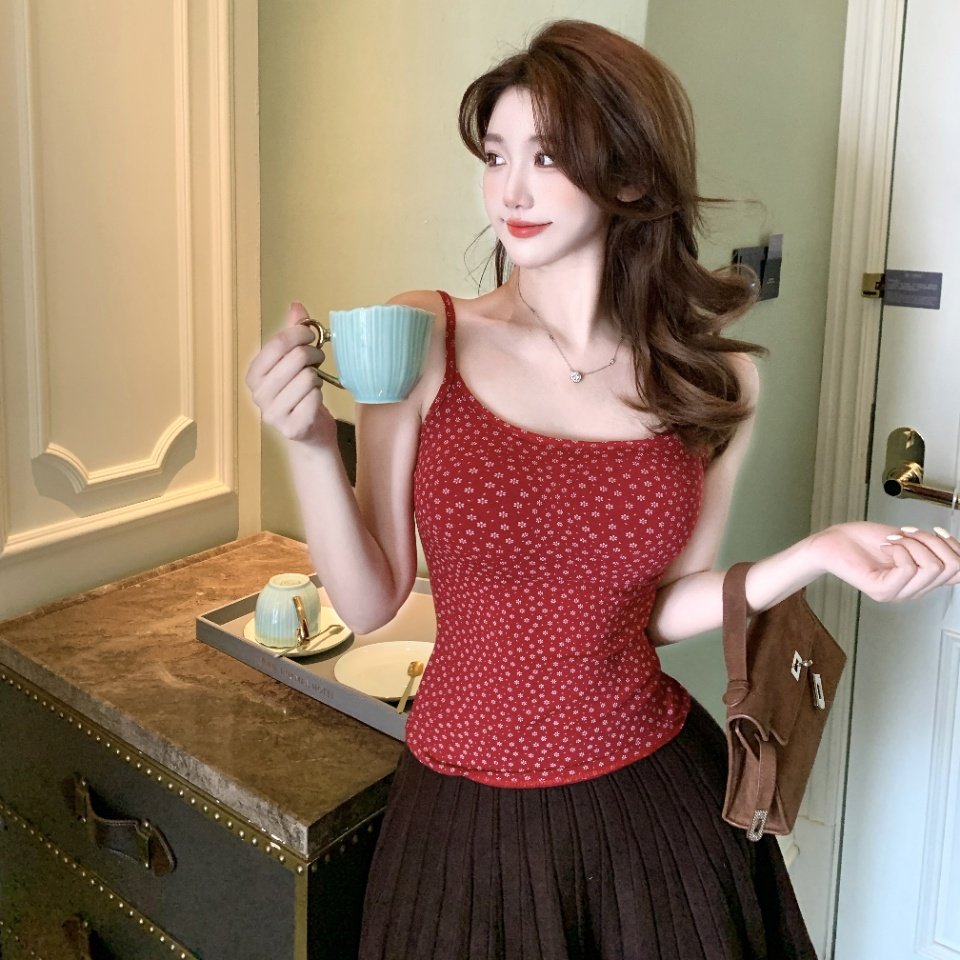 性感红色碎花吊带背心女夏带胸垫修身显瘦内搭外穿百搭美背上衣潮