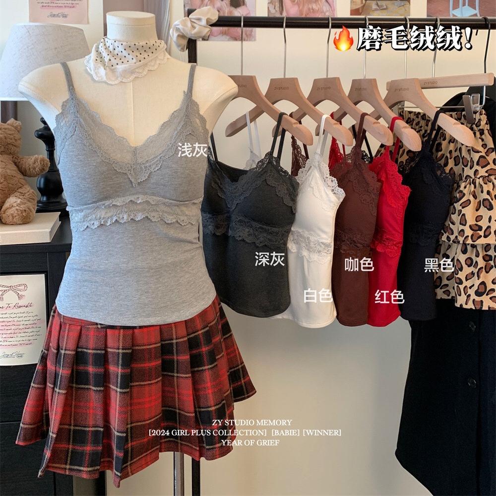 纯欲磨绒保暖吊带背心女带胸垫蕾丝拼接V领内搭修身显瘦打底上衣