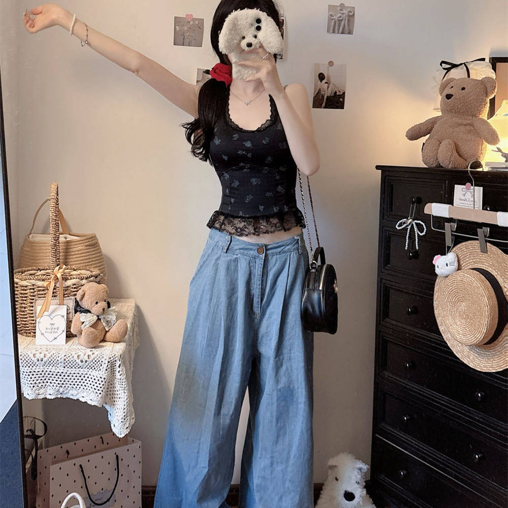 甜美风蕾丝拼接卡通印花挂脖吊带背心女夏季内搭带胸垫美背上衣潮